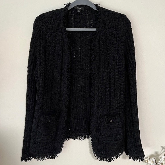 J crew black slouchy knit open front cardigan fringe details size L - Picture 1 of 7